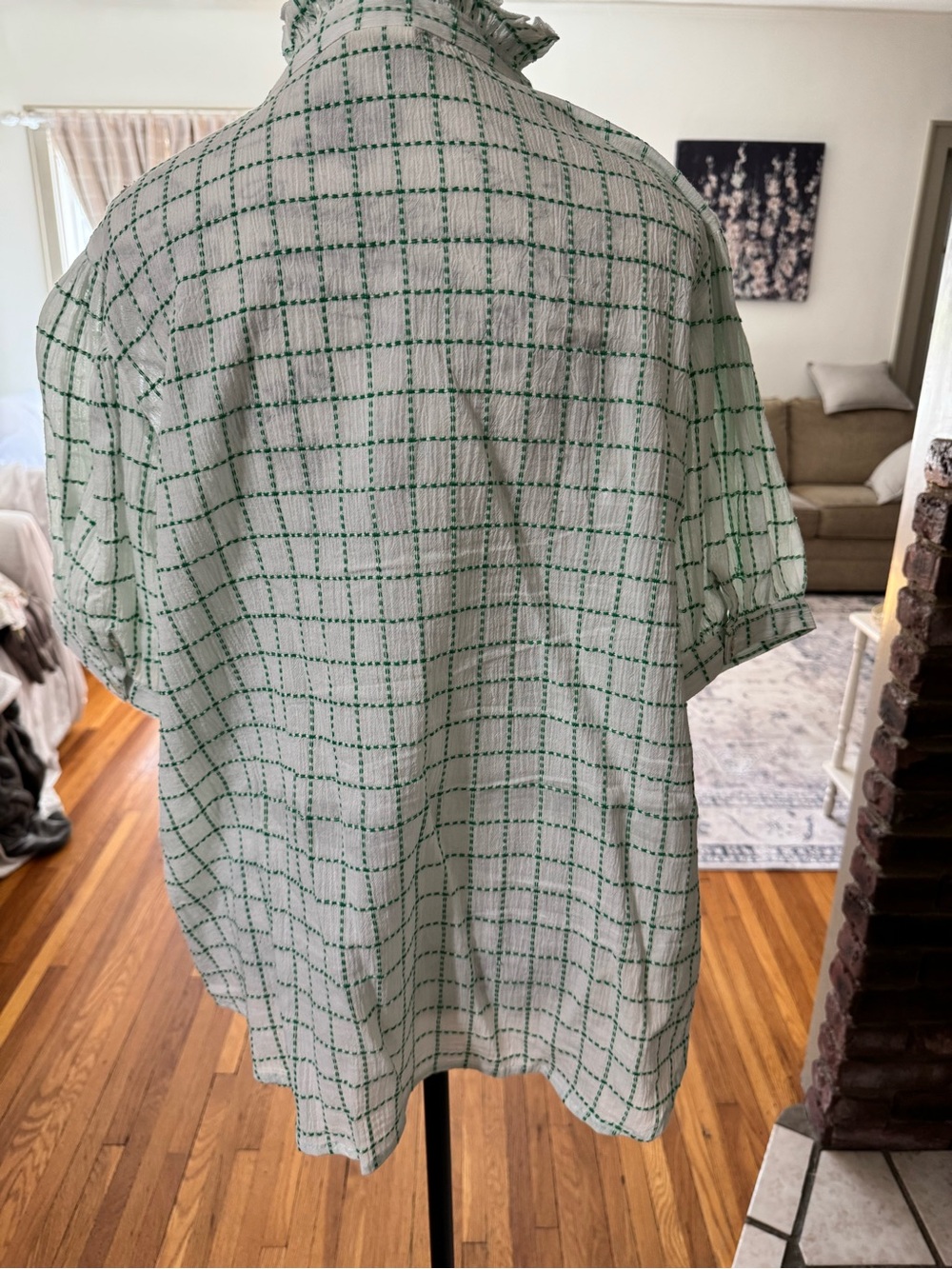 Embroidered Green Check Ruffle-Neck Blouse - Picture 3 of 6